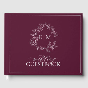 Elegante bordeaux leafy crest monogram bruiloft gastenboek