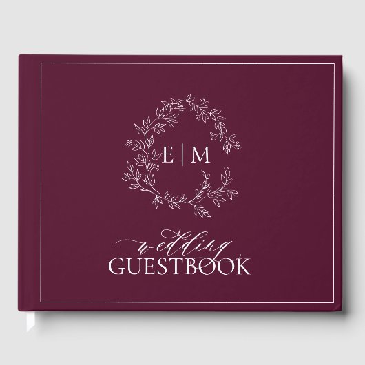 Elegante bordeaux leafy crest monogram bruiloft gastenboek (Voorkant)