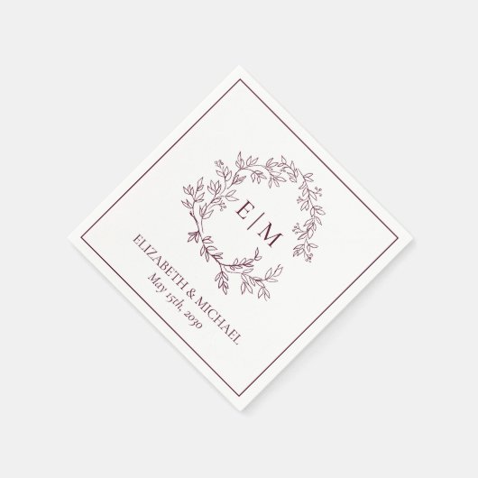 Elegante bordeaux leafy crest monogram bruiloft servet (Hoek)