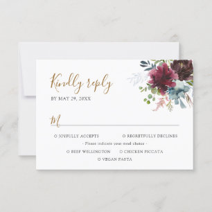 Elegante bordeaux marine bloemen met maaltijd opti RSVP kaartje