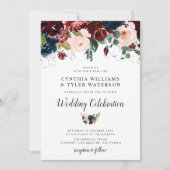 Elegante bordeaux & marineblauw bloemenbruiloft kaart (Voorkant)