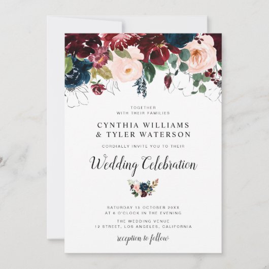 Elegante bordeaux & marineblauw bloemenbruiloft kaart (Voorkant)