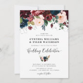 Elegante bordeaux & marineblauw bloemenbruiloft kaart (Voorkant)