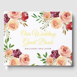 Elegante bordeaux perzik bloemenbruiloft goudfolie gastenboek