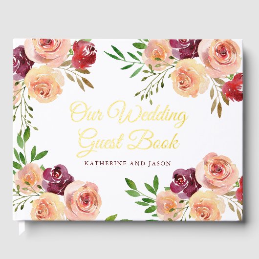 Elegante bordeaux perzik bloemenbruiloft goudfolie gastenboek (Voorkant)