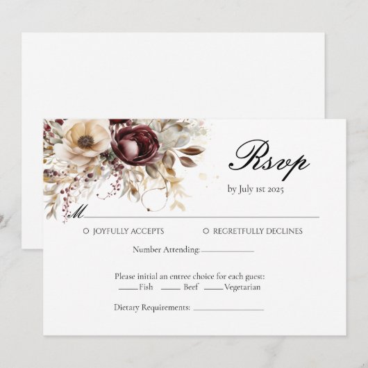 Elegante bordeaux pioenrozen Bruiloft RSVP kaart (Voorkant / Achterkant)