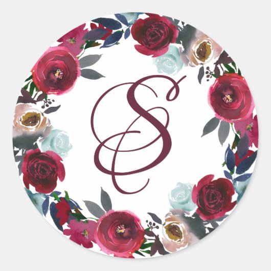 Elegante bordeaux rode bloemige monogram envelopze ronde sticker (Voorkant)