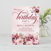 Elegante bordeaux roze bloemen 100ste verjaardag kaart (Staand voorkant)