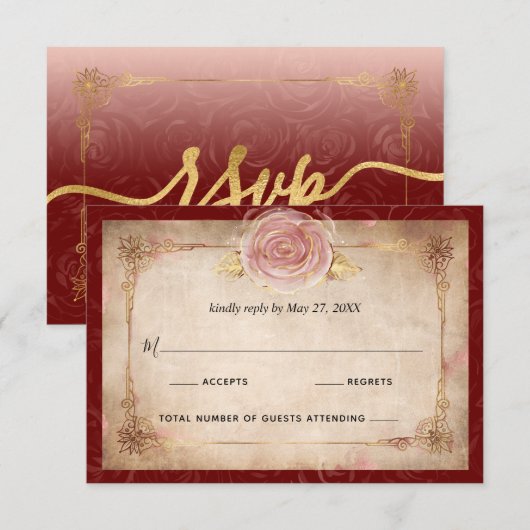 Elegante bordeaux roze rose goud rustieke bruiloft RSVP kaartje (Voorkant / Achterkant)