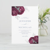 Elegante bordeaux stoffige blauwe bloemenbruiloft kaart (Staand voorkant)