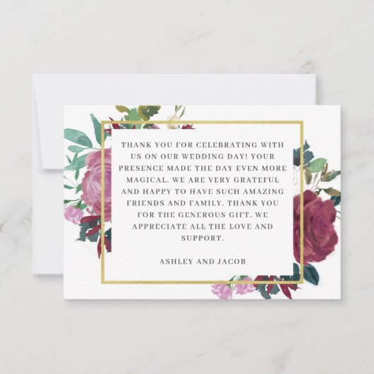 Elegante bordeaux / wijntuin bloemenbruiloft bedankkaart (Voorkant)