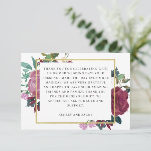 Elegante bordeaux / wijntuin bloemenbruiloft bedankkaart (Staand voorkant)