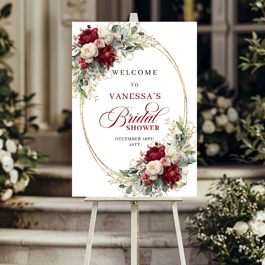 Elegante bordeaux witte bloem gouden bruidsdouche poster
