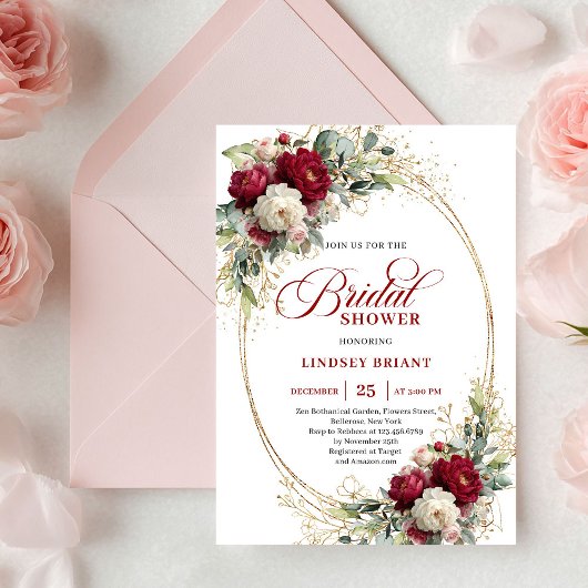 Elegante bordeaux-witte bloemengoud bruiloftsdouch kaart