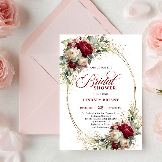 Elegante bordeaux-witte bloemengoud bruiloftsinvat kaart