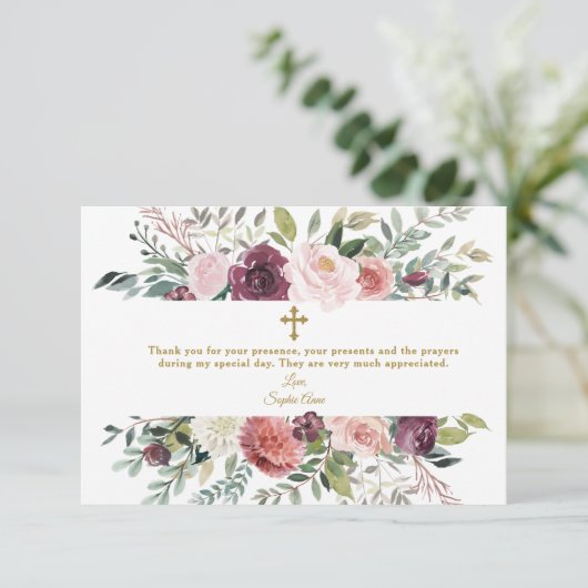 Elegante bordeaux-witte bloemenkader gouden doop bedankkaart (Staand voorkant)