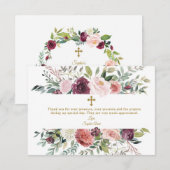 Elegante bordeaux-witte bloemenkader gouden doop bedankkaart (Voorkant / Achterkant)