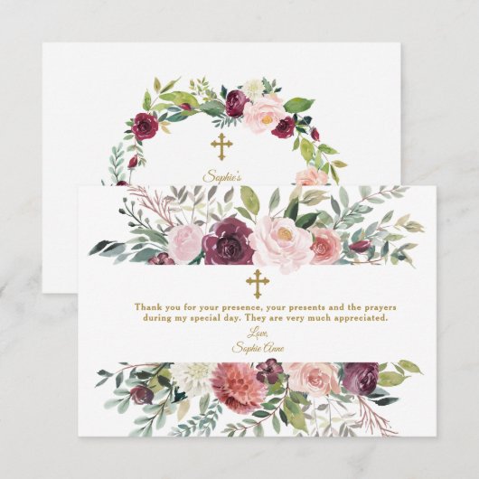 Elegante bordeaux-witte bloemenkader gouden doop bedankkaart (Voorkant / Achterkant)