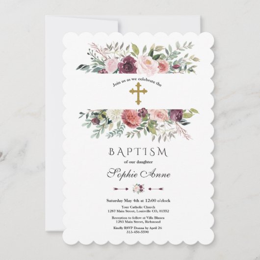 Elegante bordeaux-witte bloemenkader gouden doop kaart (Voorkant)