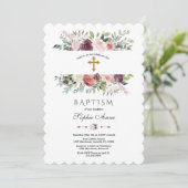 Elegante bordeaux-witte bloemenkader gouden doop kaart (Staand voorkant)
