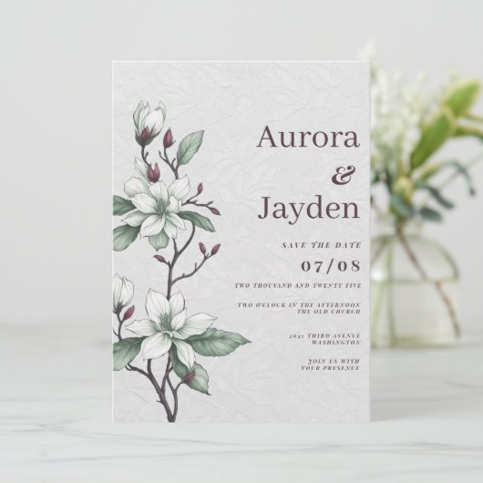 Elegante bordeaux witte munt bloemenkant bruiloft kaart (Staand voorkant)