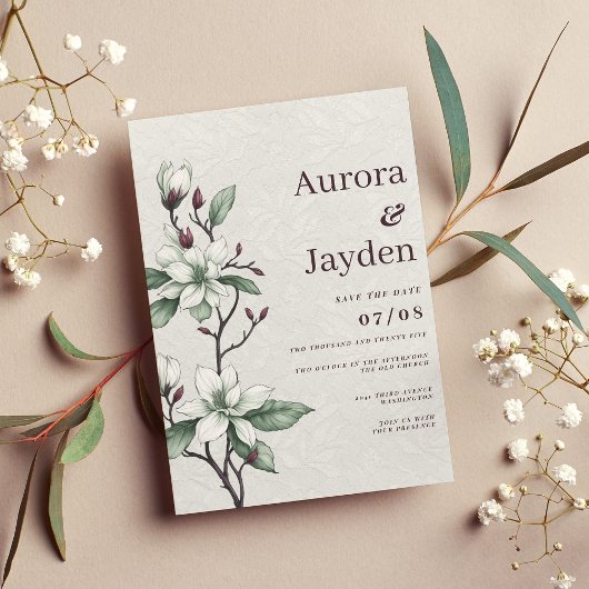 Elegante bordeaux witte munt bloemenkant bruiloft kaart