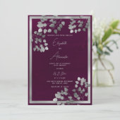 Elegante bordeaux zilveren eucalyptus blad bruilof kaart (Staand voorkant)