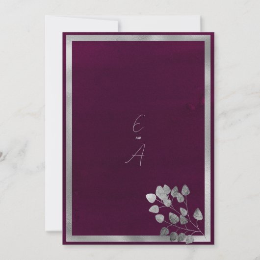 Elegante bordeaux zilveren eucalyptus blad bruilof kaart (Achterkant)