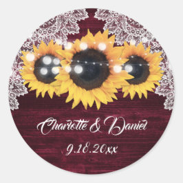 Elegante bordeauxhouten kanten zonnebloem bruiloft ronde sticker