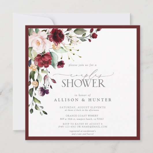 Elegante bordeauxkleurige bloemendecoratie voor ee kaart (Voorkant)