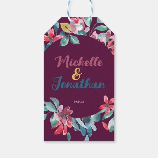 Elegante bordeauxkleurige kleurrijke waterverf blo cadeaulabel (Voorkant)