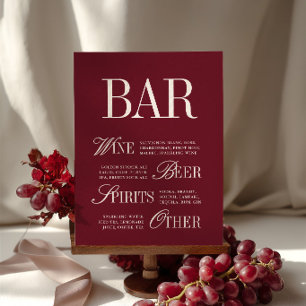 Elegante bordeauxrode barmenu drankjes bruiloft ta