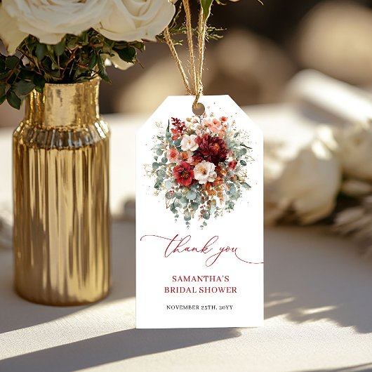 Elegante bordeauxrode bloem boho bruidsshower cade cadeaulabel