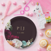 Elegante bordeauxrode bloem gouden monogram bruilo papieren bordje (Feest)