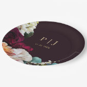 Elegante bordeauxrode bloem gouden monogram bruilo papieren bordje (Gekanteld)