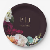 Elegante bordeauxrode bloem gouden monogram bruilo papieren bordje (Voorkant)