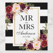 Elegante bordeauxrode bloem zwarte witte gestreept wijn etiket (Enkel label)