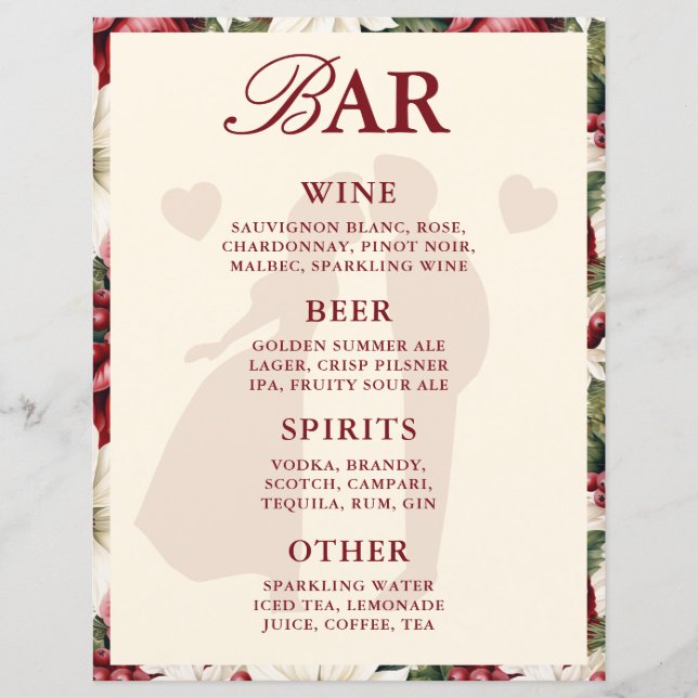 Elegante bordeauxrode bloemen bar menu bruiloft ta (Voorkant)
