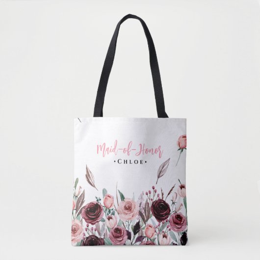 Elegante bordeauxrode bloemen bruidsmeisje aangepa tote bag (Voorkant)