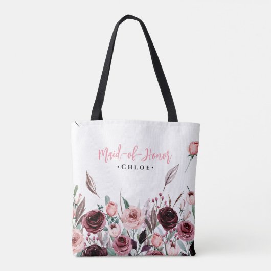 Elegante bordeauxrode bloemen bruidsmeisje aangepa tote bag (Achterkant)