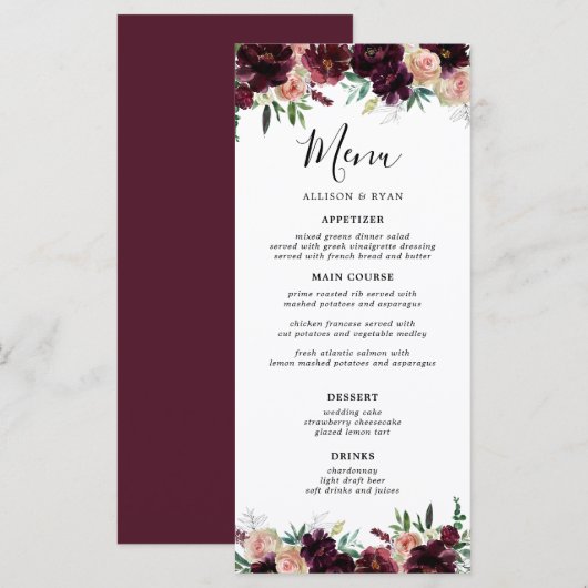 Elegante bordeauxrode bloemen bruiloft menu (Voorkant / Achterkant)