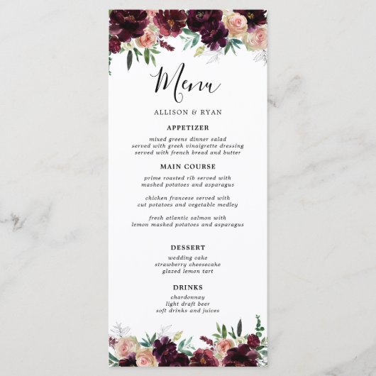 Elegante bordeauxrode bloemen bruiloft menu (Voorkant)