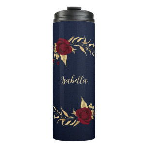 Elegante bordeauxrode bloemen goud navy thermosbeker