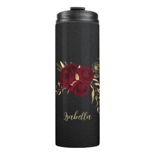 Elegante bordeauxrode bloemen goud zwart thermosbeker