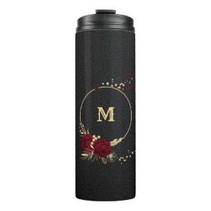 Elegante bordeauxrode bloemen goud zwart thermosbeker