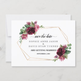 Elegante bordeauxrode bloemen gouden lijst bruilof save the date