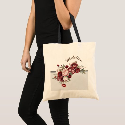 Elegante bordeauxrode bloemen tote bag (Voorkant (product))
