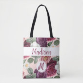 Elegante bordeauxrode bloemen trendy initiële mono tote bag (Voorkant)