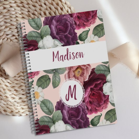 Elegante bordeauxrode bloemen trendy monogram planner