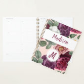 Elegante bordeauxrode bloemen trendy monogram planner (Display)